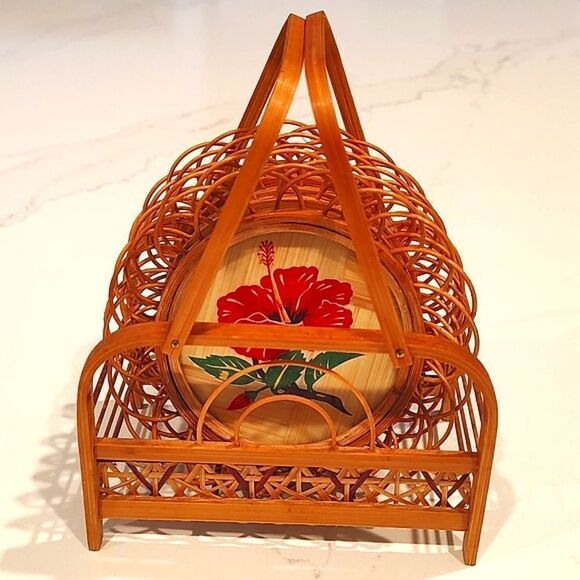Vintage Bamboo Rattan Hibiscus Flower Set of 5 Coasters with Caddy - Picture 14 of 14